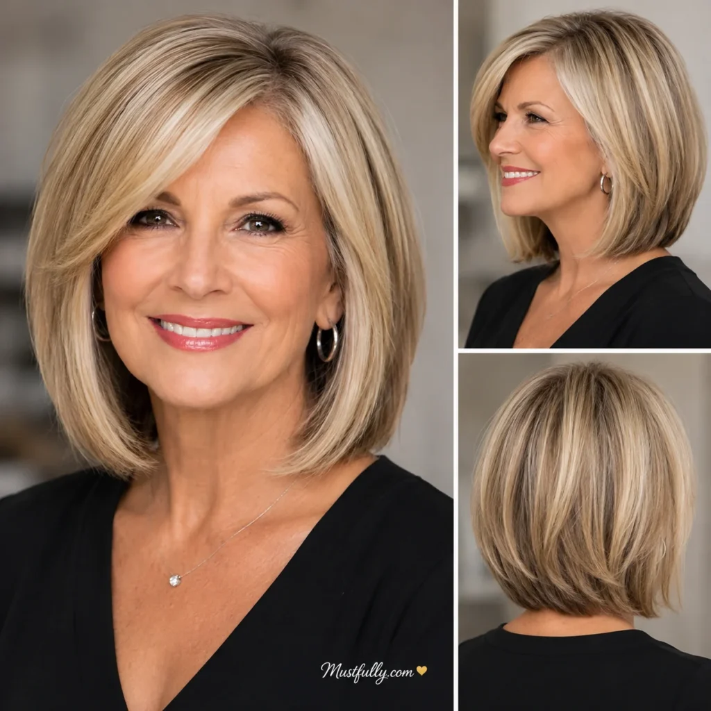 Woman in her 60s with a layered ash-blonde long bob and soft face-framing layers, shown from the front, side, and back.