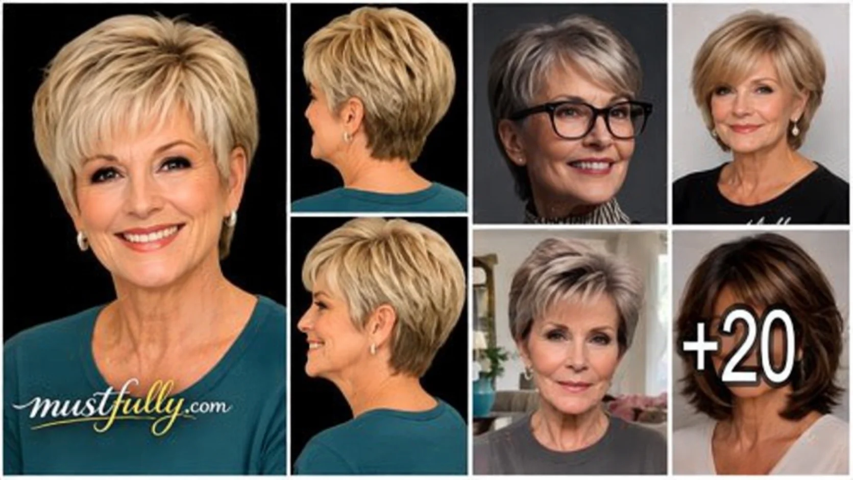 Collage of stylish pixie cuts, layered bobs, and blonde, brunette, and silver-gray hairstyles for women over 60.