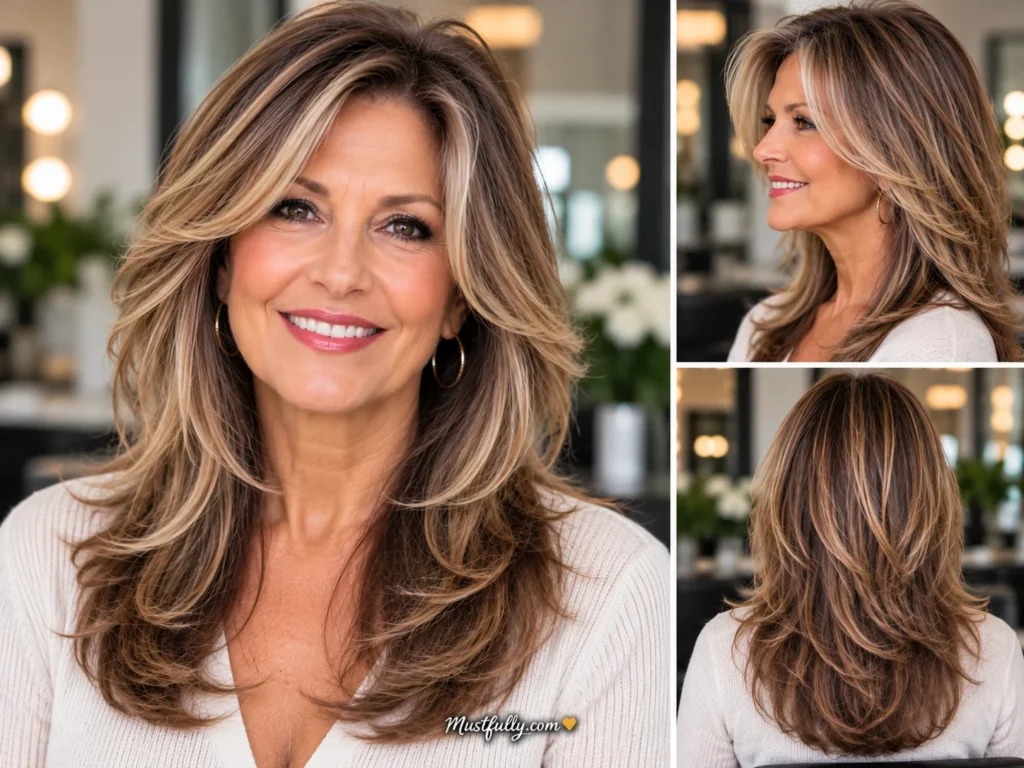 Mature woman with long blonde highlighted hair and soft face-framing layers, styled with side-swept bangs and feathered ends.