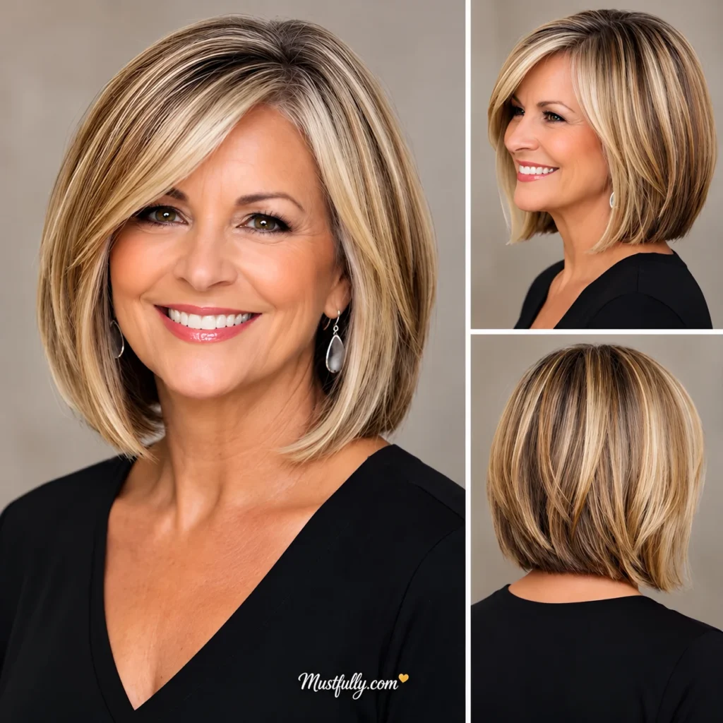 Woman over 60 with a highlighted blonde long bob and side-swept bangs, shown from the front, side, and back.