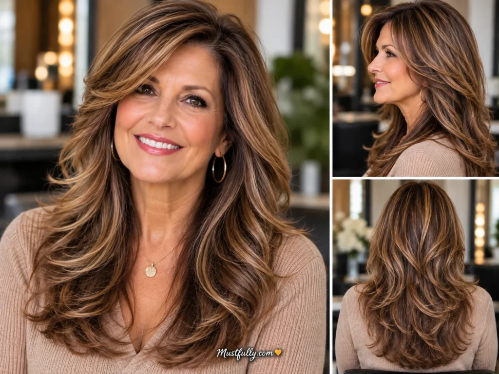 Mature woman with long chocolate-brown hair, caramel highlights, soft waves, and flowing layers, shown from the front, side, and back.
