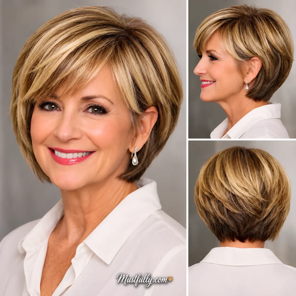 Mature woman with a layered silver-blonde bob, textured crown, and side-swept fringe, shown from the front, side, and back.