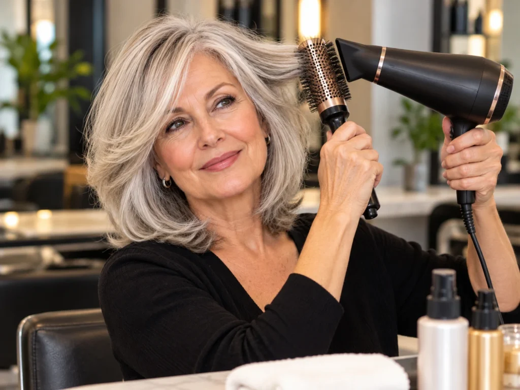 Woman in her 60s styling her silver-gray layered bob with a blow dryer and round brush in a salon.