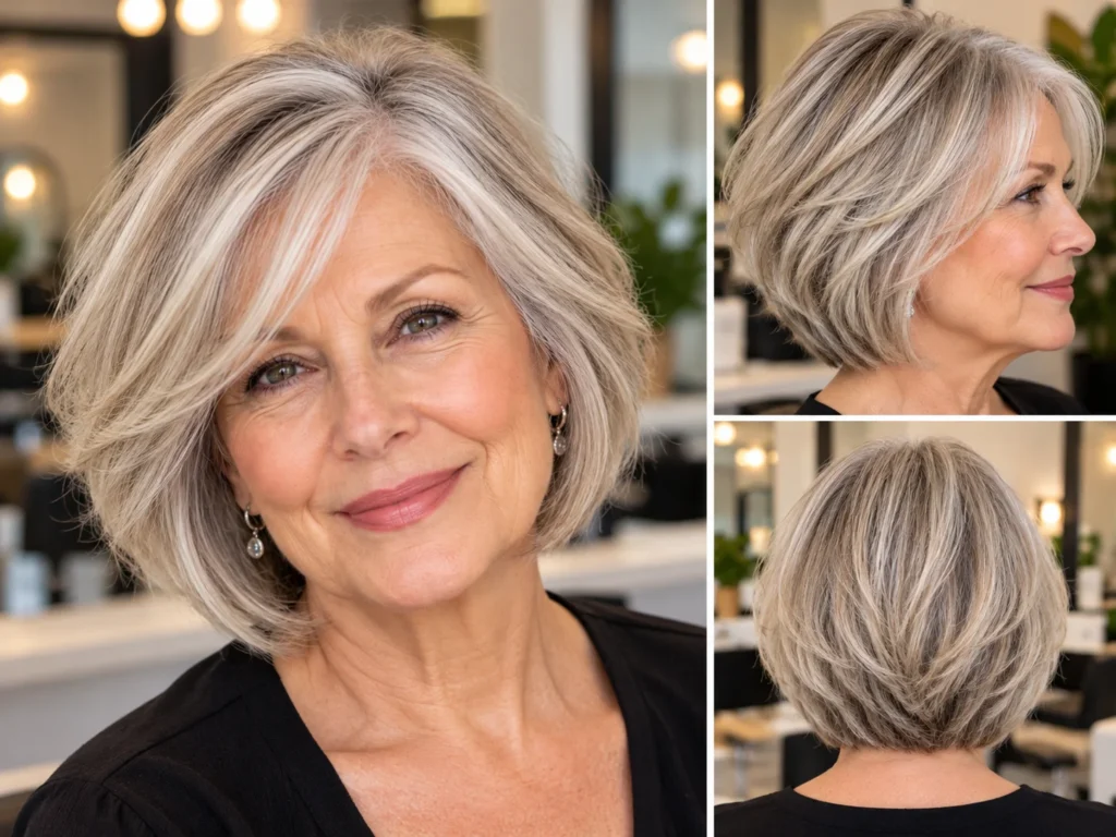 Woman in her 60s with a soft silver-blonde layered bob designed to create the appearance of fuller fine hair, shown from the front, side, and back.
