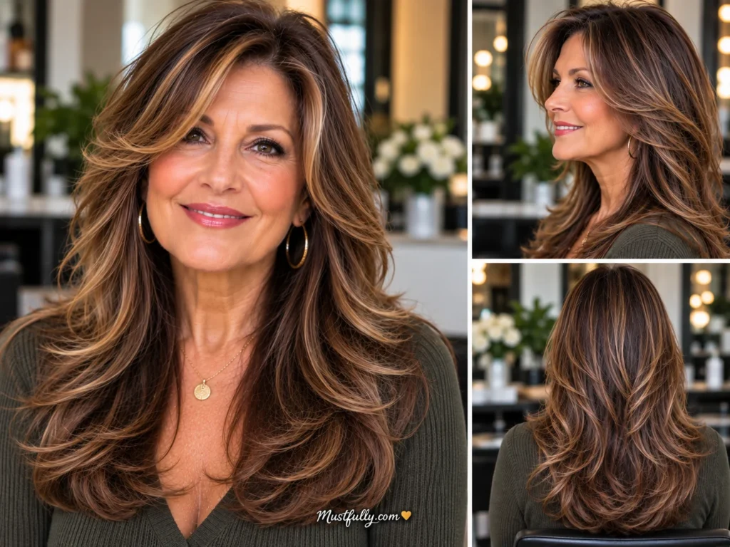 Mature woman with long chocolate-brown hair, caramel highlights, and voluminous face-framing layers with soft waves.