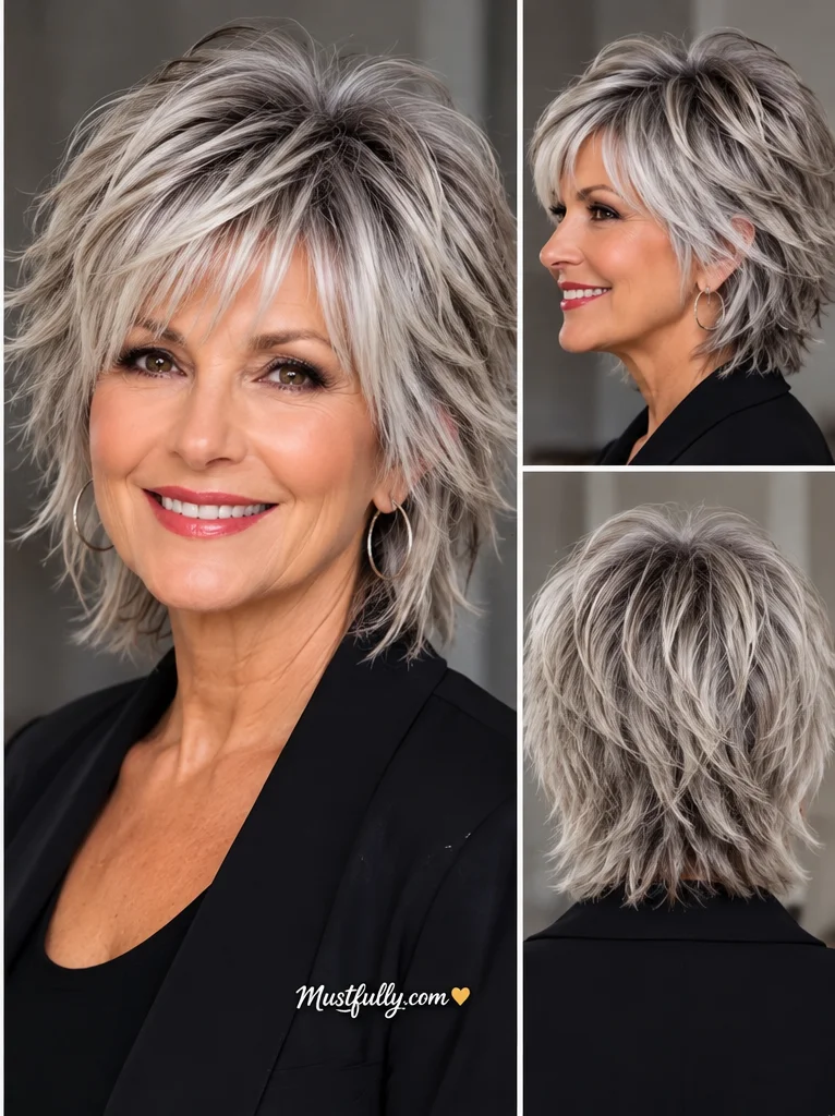 Mature woman with a silver-gray modern shag haircut, textured layers, and a soft wispy fringe, shown from the front, side, and back.