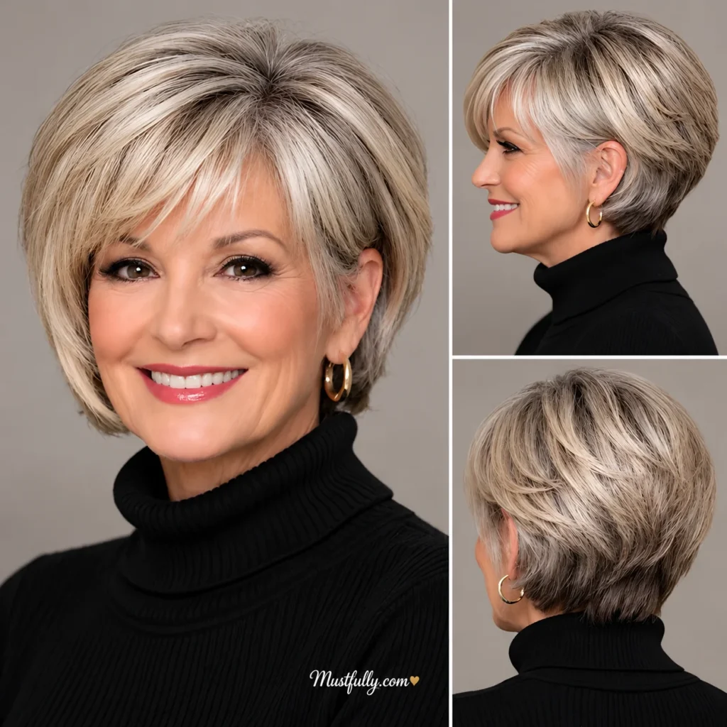 Mature woman with a layered silver-blonde bob, textured crown, and side-swept fringe, shown from the front, side, and back.