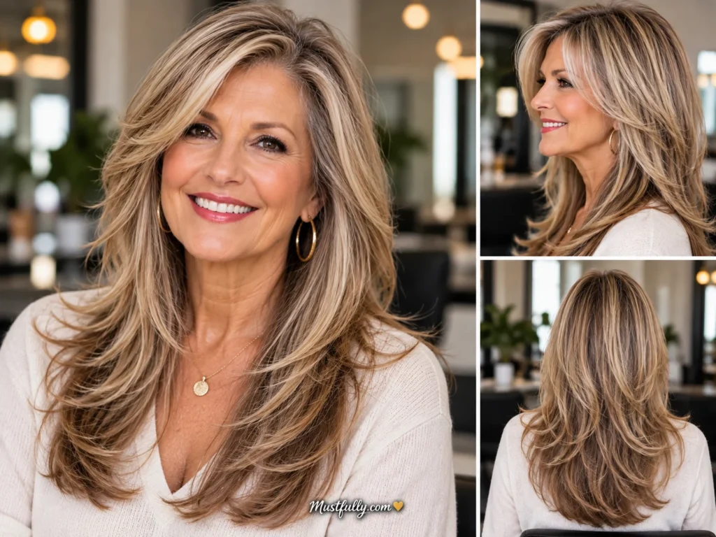 Mature woman with long chocolate-brown hair, caramel highlights, soft waves, and flowing layers, shown from the front, side, and back.