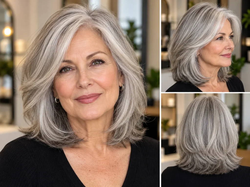 Mature woman in her 60s with natural silver-gray layered hair, soft feathered ends, and side-swept bangs, shown from the front, side, and back.