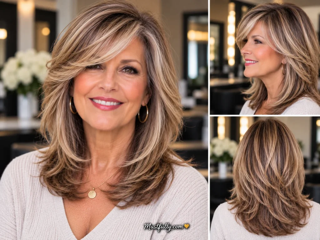 Mature woman with shoulder-length blonde hair, soft side-swept bangs, and feathered layers framing her face.