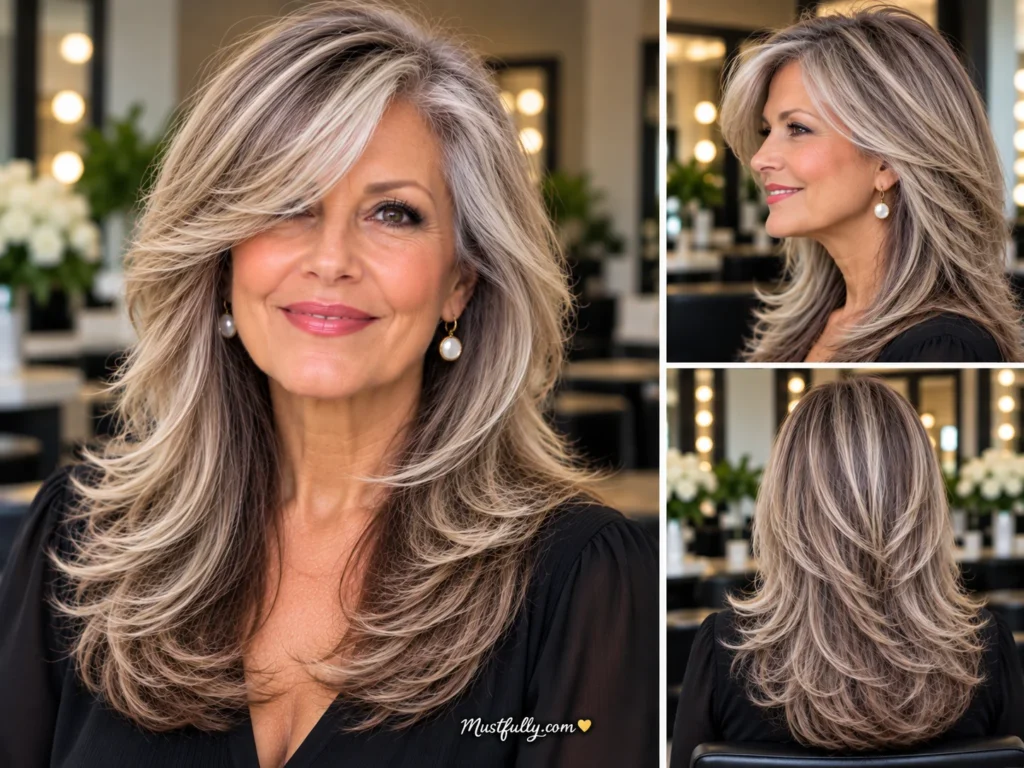 Mature woman with silver-gray layered hair, sweeping side bangs, and voluminous feathered waves, shown from the front, side, and back.