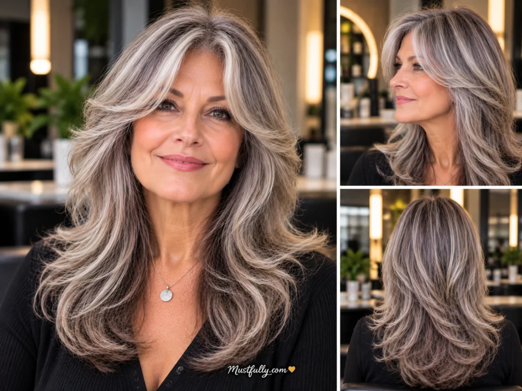 Mature woman with silver-gray hair, cool lavender-toned highlights, soft center-parted curtain bangs, and long wavy layers, shown from the front, side, and back.
