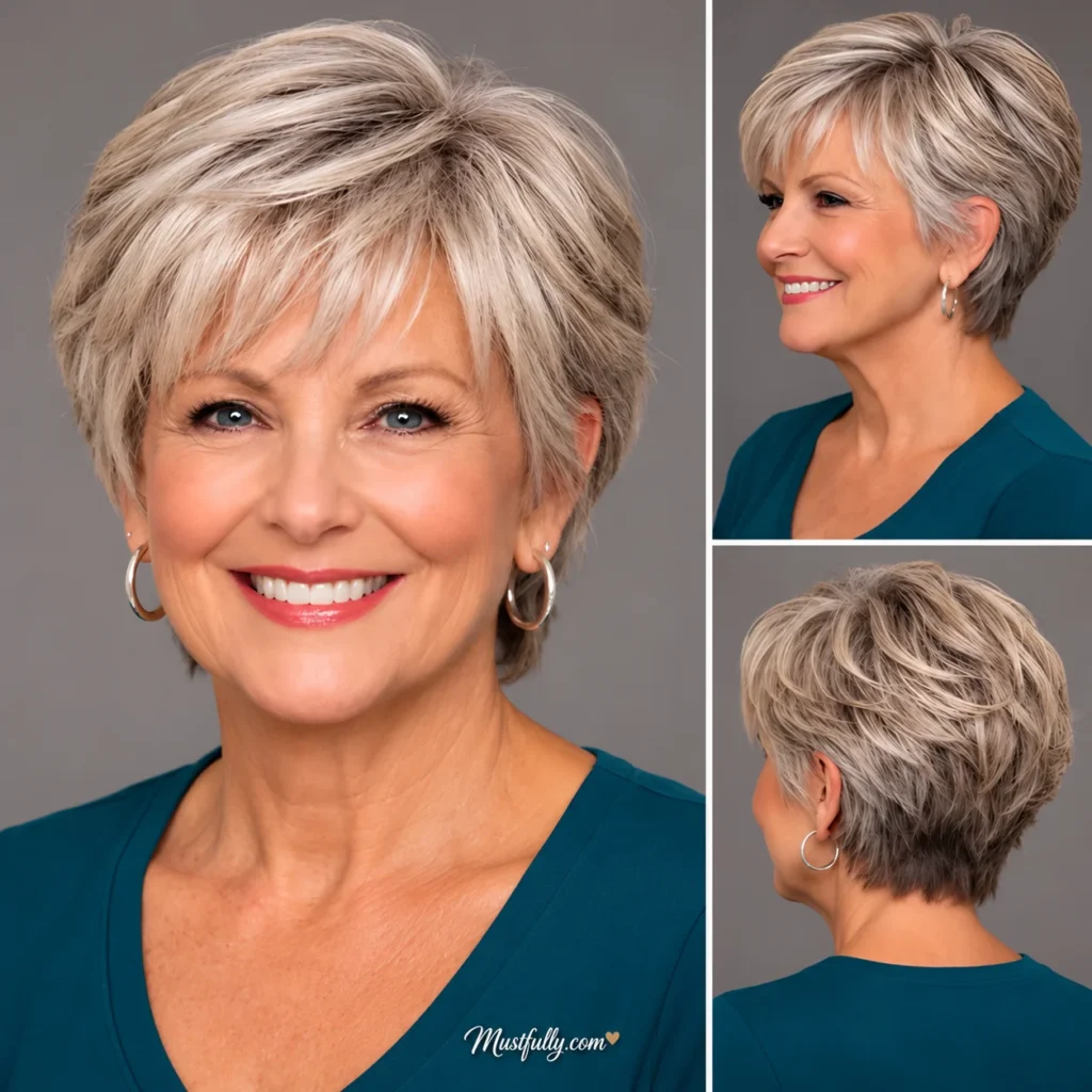 Mature woman with a soft layered silver-blonde crop, feathered bangs, and volume at the crown, shown from the front, side, and back.