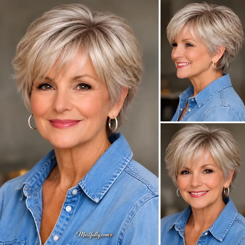 Mature woman with a textured silver-blonde layered crop and wispy side-swept bangs, shown from the front, side, and back.