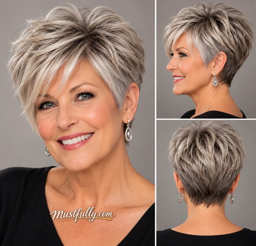 Mature woman with a textured silver-blonde pixie cut, wispy fringe, and layered volume at the crown, shown from three angles.
