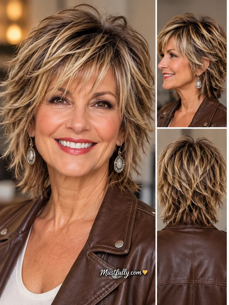 Mature woman with a warm blonde modern shag haircut, feathered layers, and wispy bangs, shown from the front, side, and back.