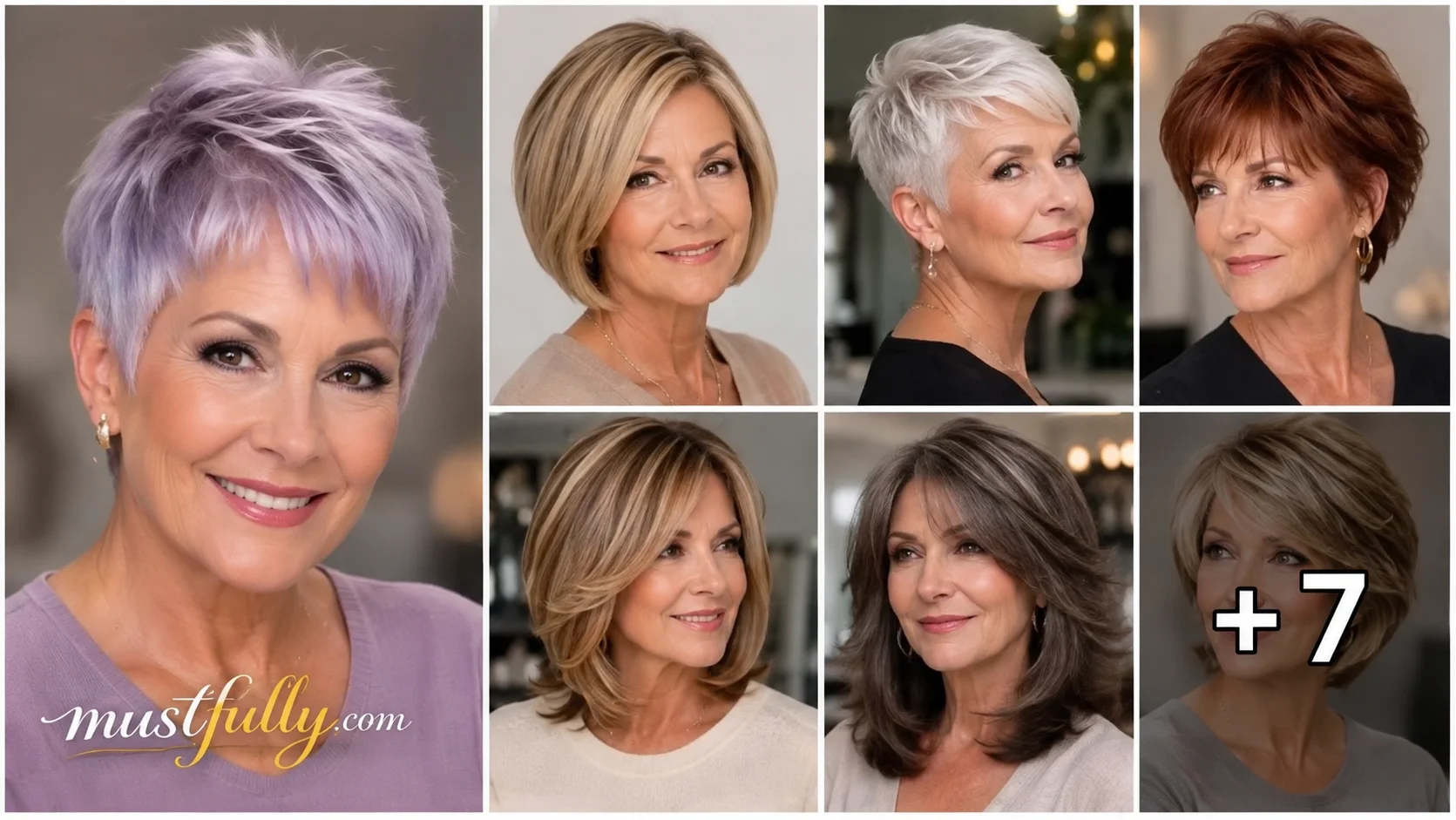 Collage of 7 stylish haircuts for women over 50, including pixie cuts, bobs, and layered hairstyles