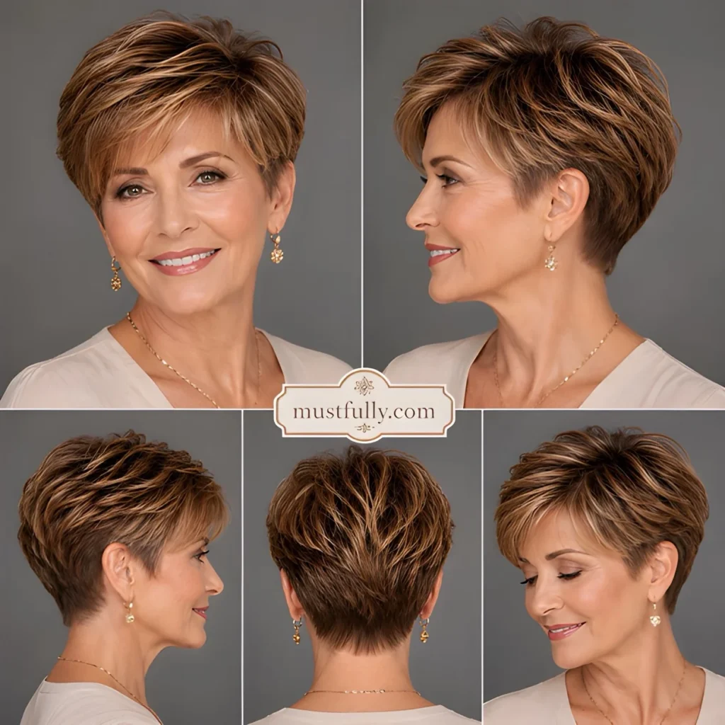 Layered bixie haircut with caramel highlights on a mature woman, shown from front, side, and back views.