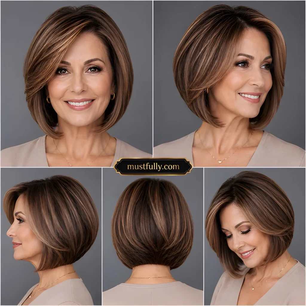 Alt Text: `Classic brunette bob haircut with caramel highlights on a mature woman, shown from front, side, and back views.`