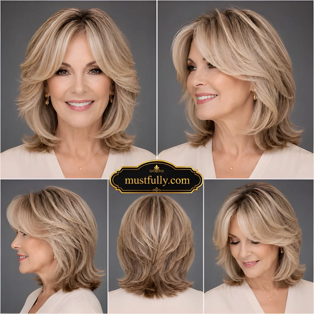 Long blonde hair with soft curtain bangs framing the face on a mature woman.