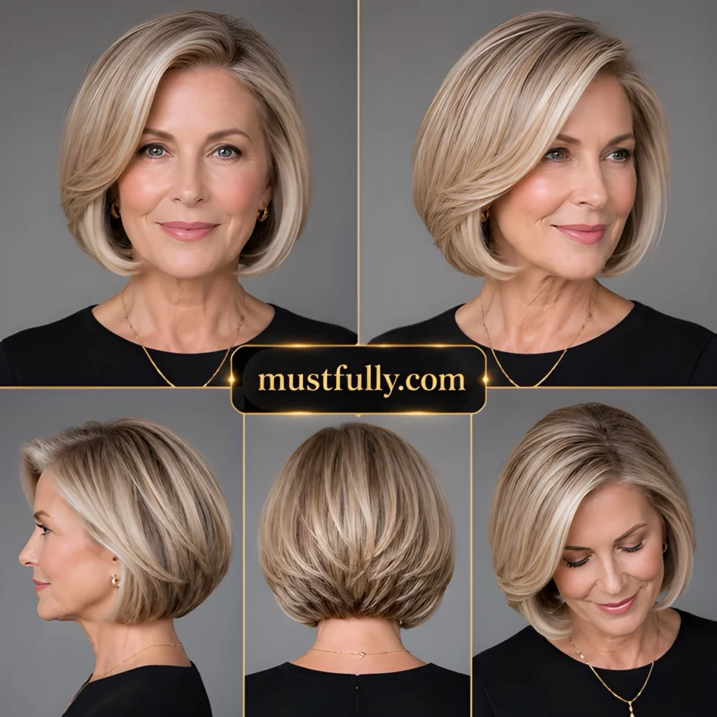 Layered blonde bob haircut shown from the front, side, and back on a mature woman