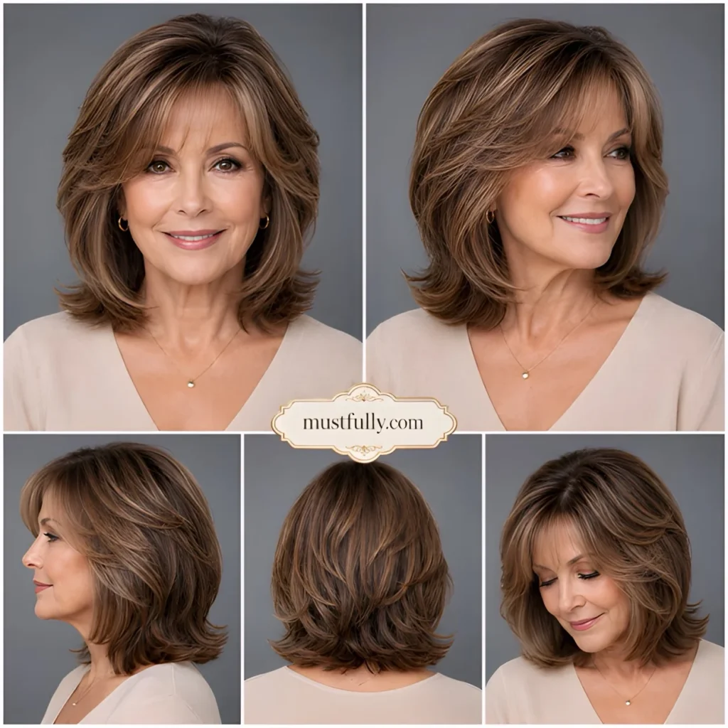 Medium-length brunette layered lob with soft bangs and feathered ends on a mature woman.