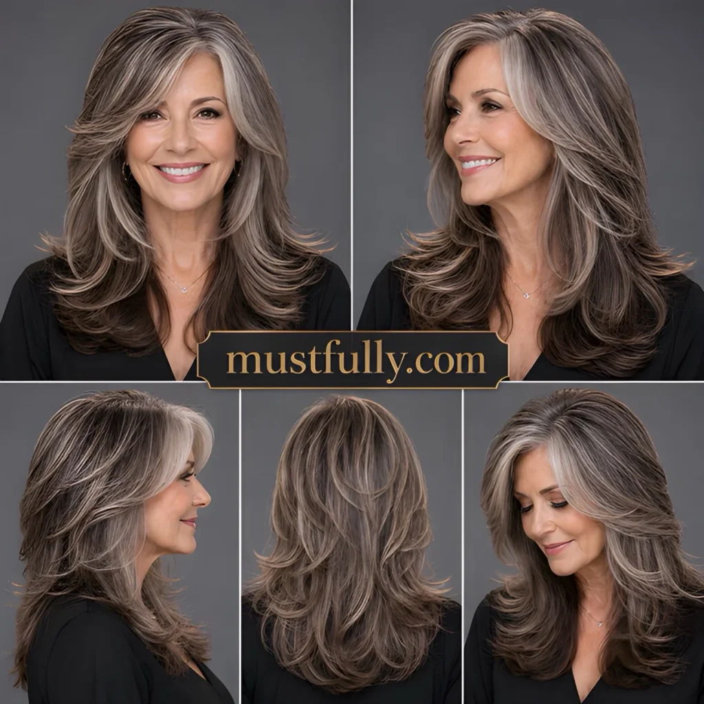 Long layered silver-gray hair with feathered ends on a mature woman, shown from multiple angles.