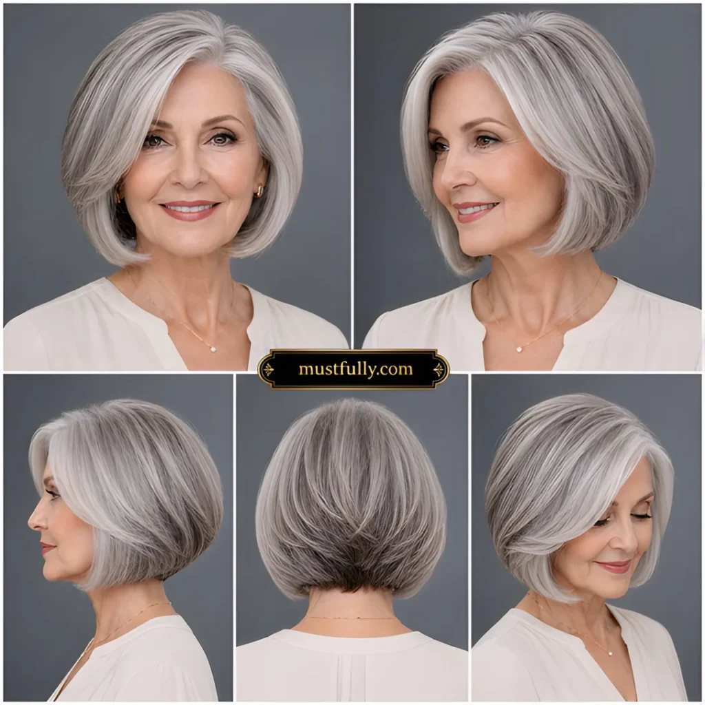 Silver bob haircut with soft layers on a mature woman, shown from front, side, and back views.