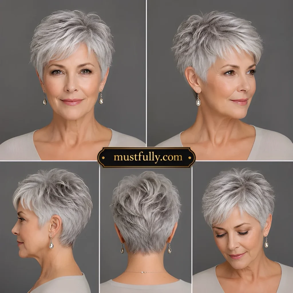 Textured silver pixie haircut with layered volume shown from multiple angles