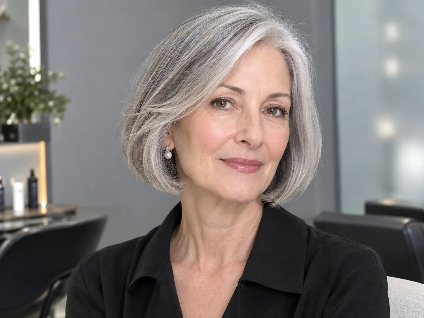 Chin-length bob with soft layers for a woman over 50 with fine hair