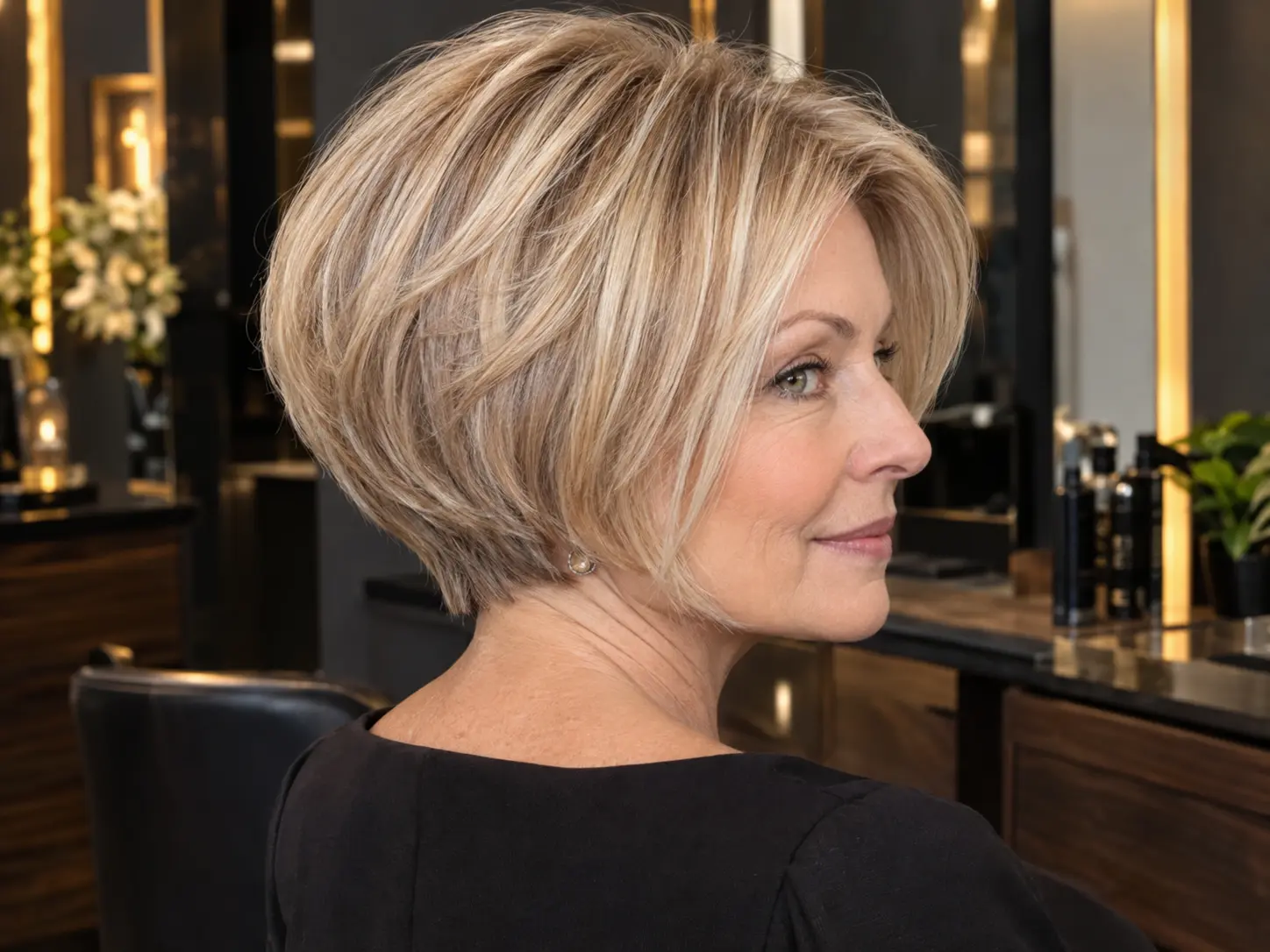 Graduated bob haircut with subtle layers for a woman over 50