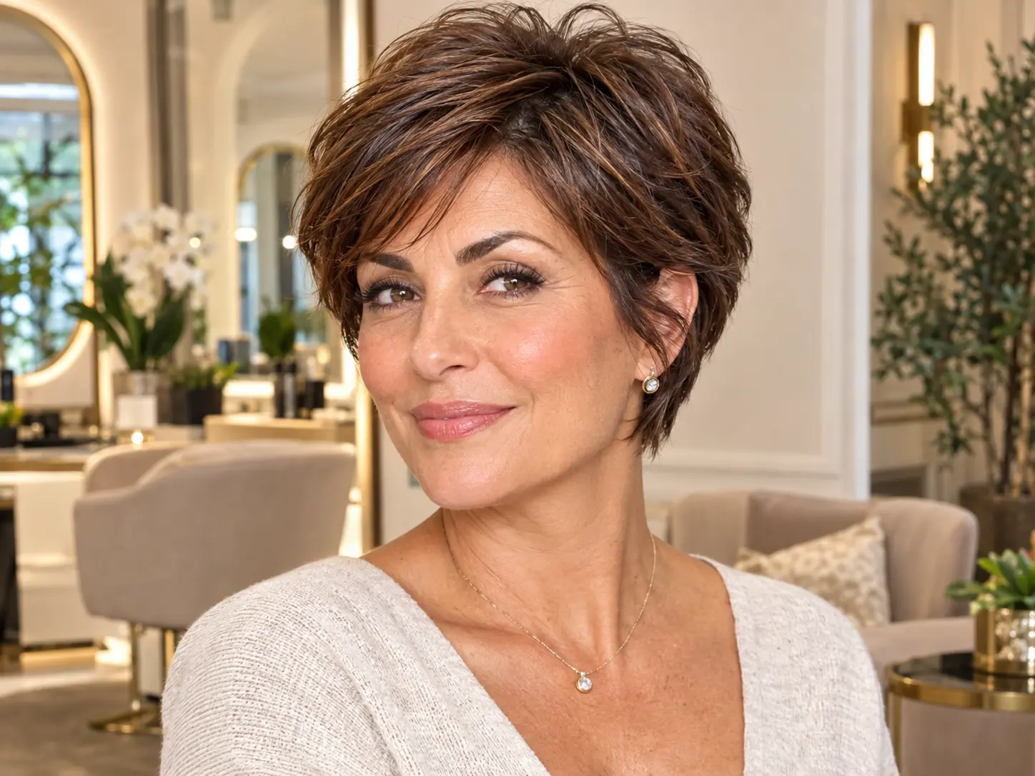 Short bixie haircut combining a bob and pixie style for a woman over 50