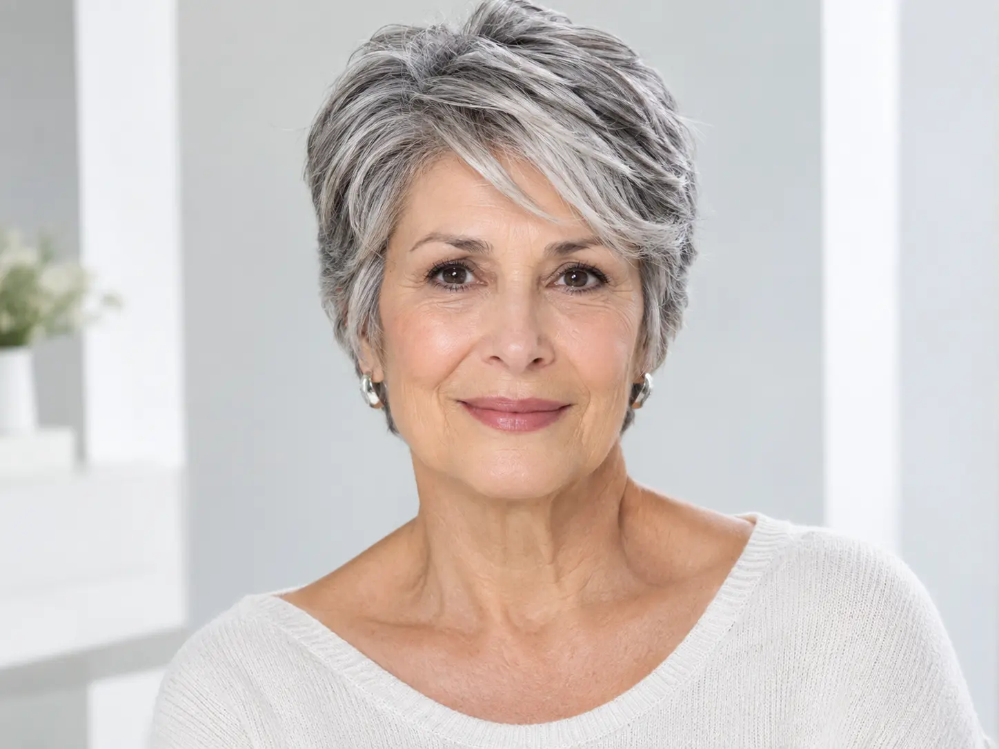 Short natural silver gray haircut for a woman over 50