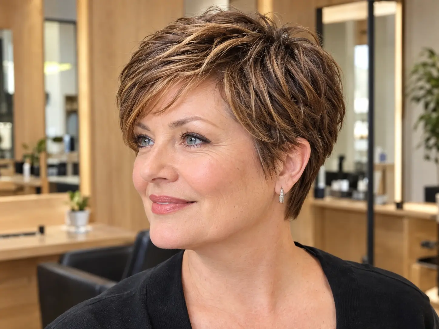 Textured pixie haircut for a woman over 50 with fine hair